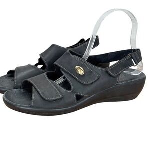 Fly Flot Solid Black‎ Leather Comfort Sandals Adjustable Straps Support Size 40